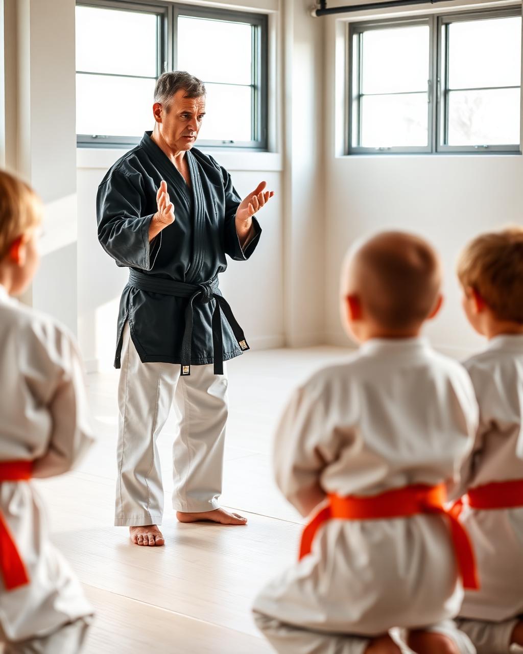 Sensei teaching small group of focused students