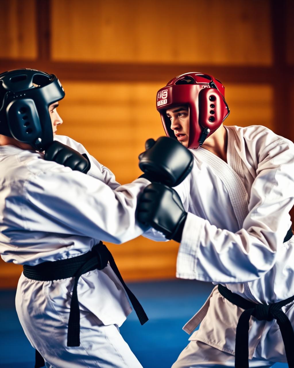 Two students sparring in protective gear